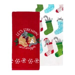 St. Nicholas‎ Square Christmas Holiday Cuddly Cat Kitty Kitchen Towel 2 pack NWT